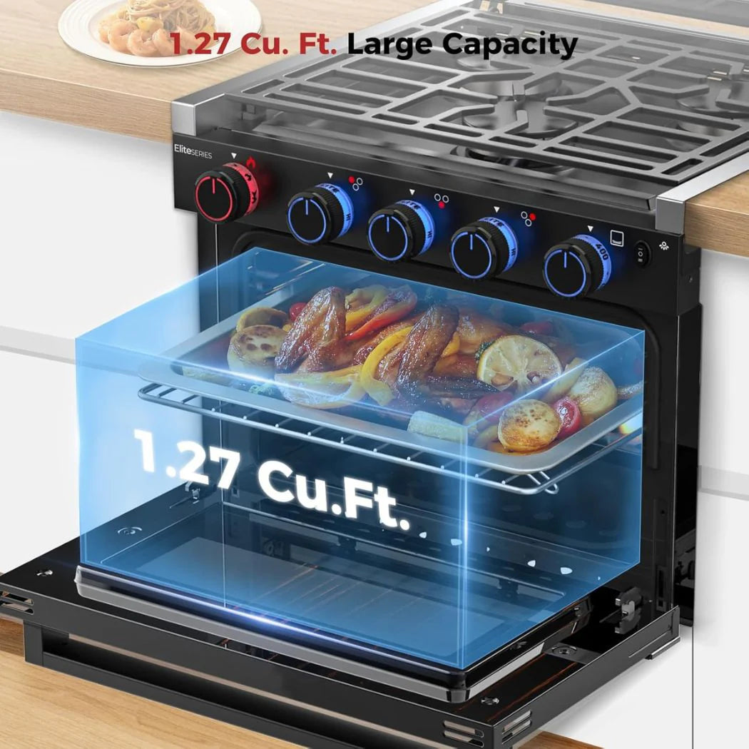 Camplux Elite RV Propane Oven Stove Combo 17 Inches, 1.27 Cu.ft. Gas Oven Stove with 3 Burners, Gas Range fro RV, Total Output 28,100 BTU