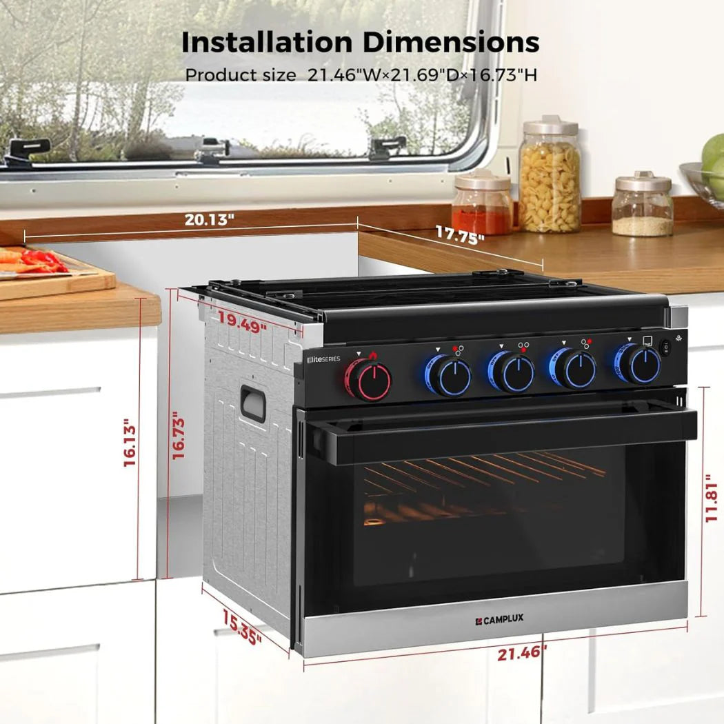 Camplux Elite RV Propane Oven Stove Combo 17 Inches, 1.27 Cu.ft. Gas Oven Stove with 3 Burners, Gas Range fro RV, Total Output 28,100 BTU