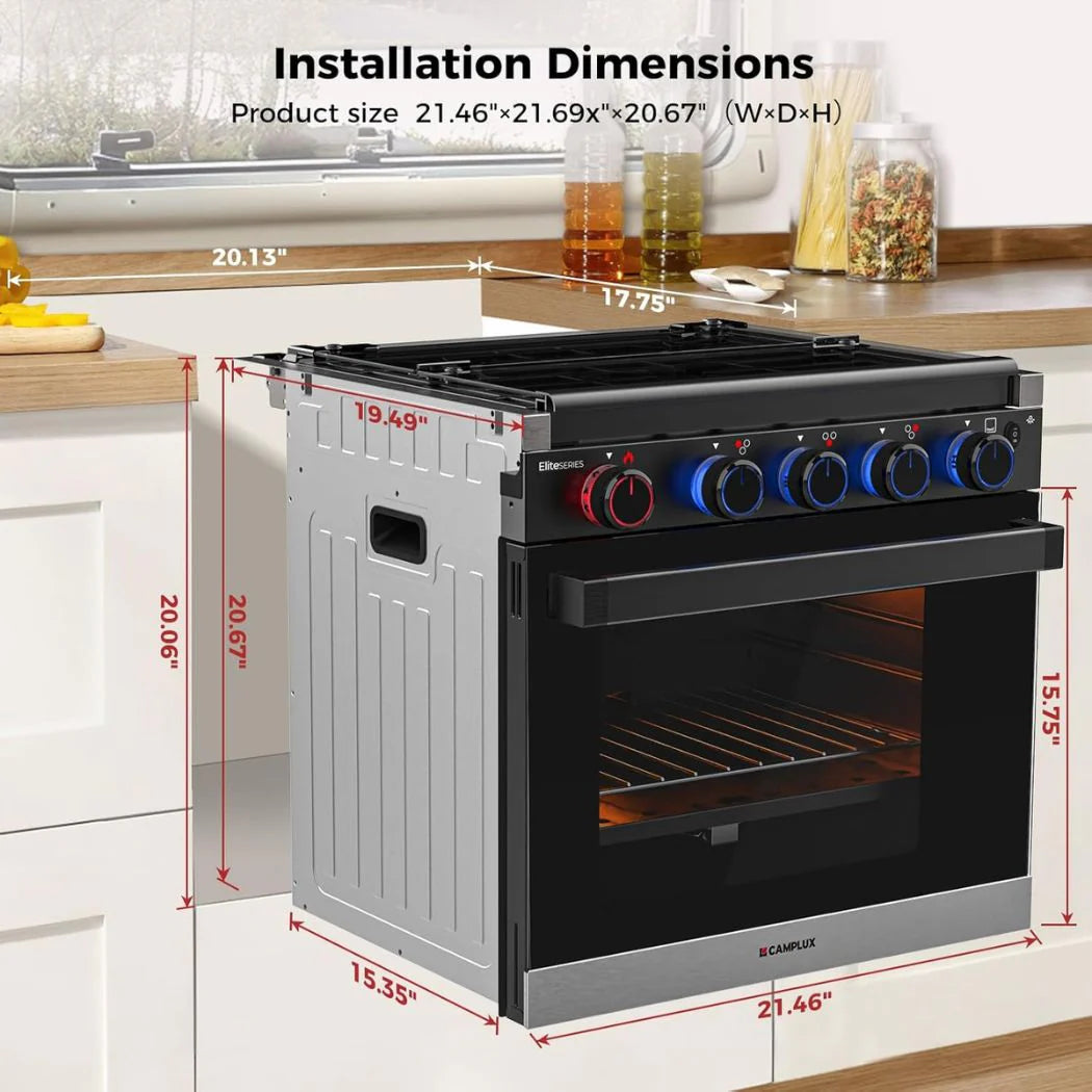 Camplux Elite RV Stove Propane Range 21 Inches, 1.8 Cu.ft. Propane Oven with 3 Burners Cooktop, RV Gas Oven Stove Combo 28,100 BTU