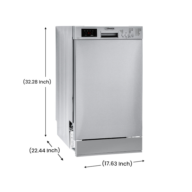 Pinnacle 18” Built-In Dishwasher with 8 Wash Programs & 10 Place Settings – Silver
