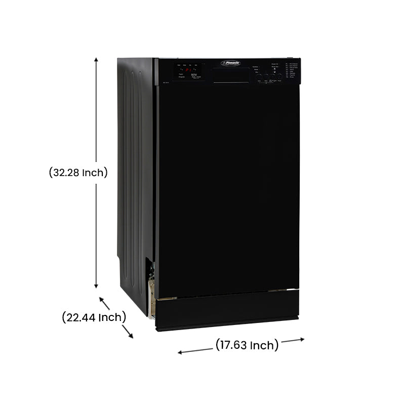 Pinnacle 18” Built-In Dishwasher – 8 Wash Programs & 8 Place Settings – Black