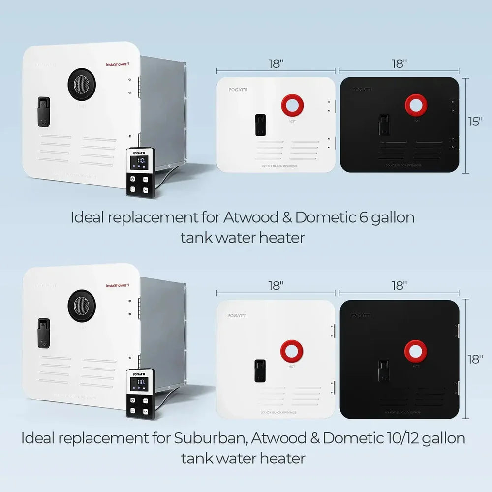 Fogatti InstaShower 7, 48,000 BTU RV Tankless Water Heater with Door - Black