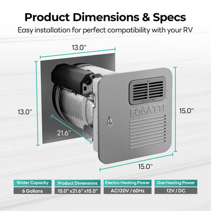 Fogatti 6 Gallon RV Hot Water Heater, Propane/Electric Heating, Bulit-in Lifetime Anode Rod-HybridShower 6 Pro