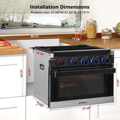 Camplux Elite RV Propane Oven Stove Combo 17 Inches, 1.27 Cu.ft. Gas Oven Stove with 3 Burners, Gas Range fro RV, Total Output 28,100 BTU