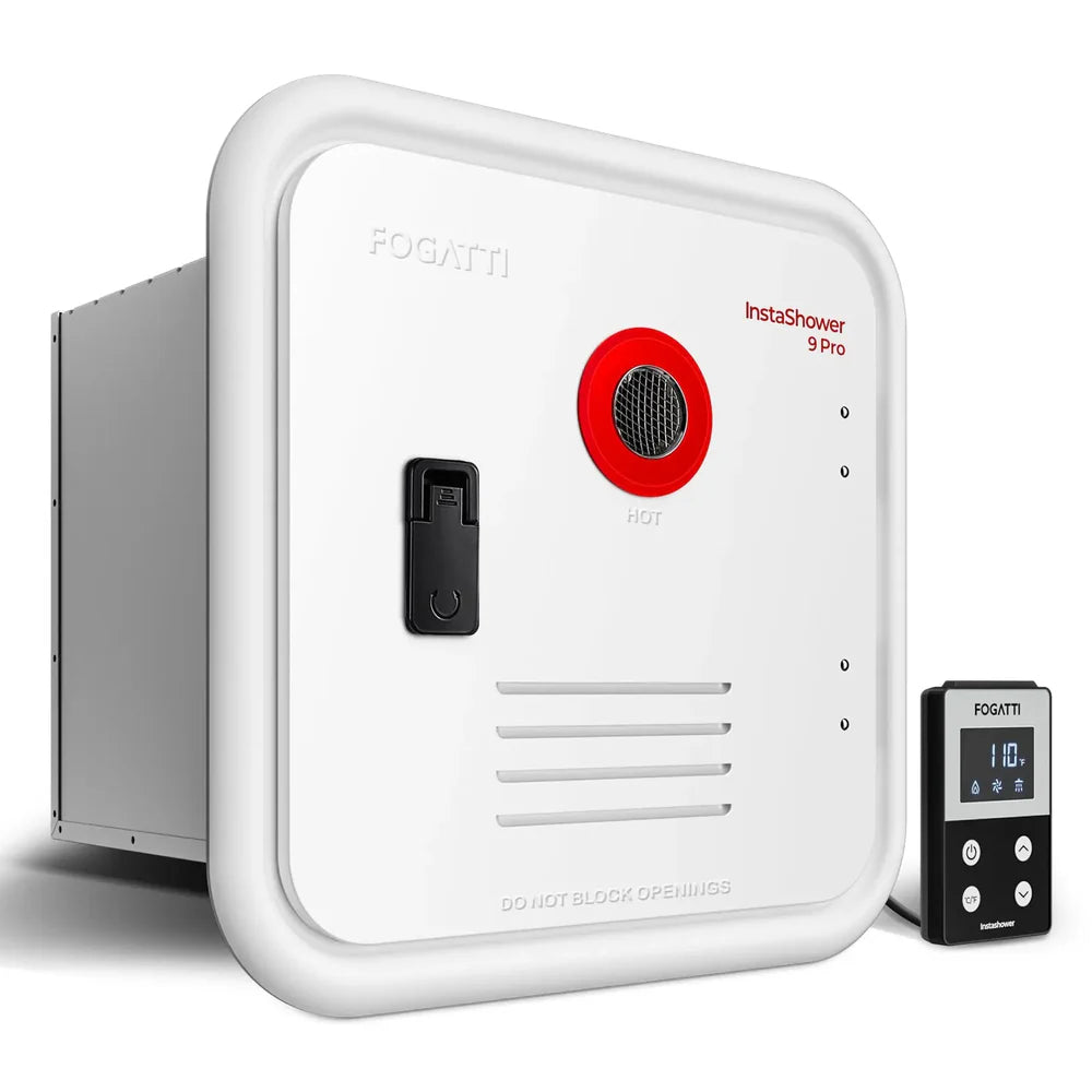 Fogatti InstaShower 9 Pro, 66,000 BTU RV Tankless Water Heater with Door & Mixing Tank - White