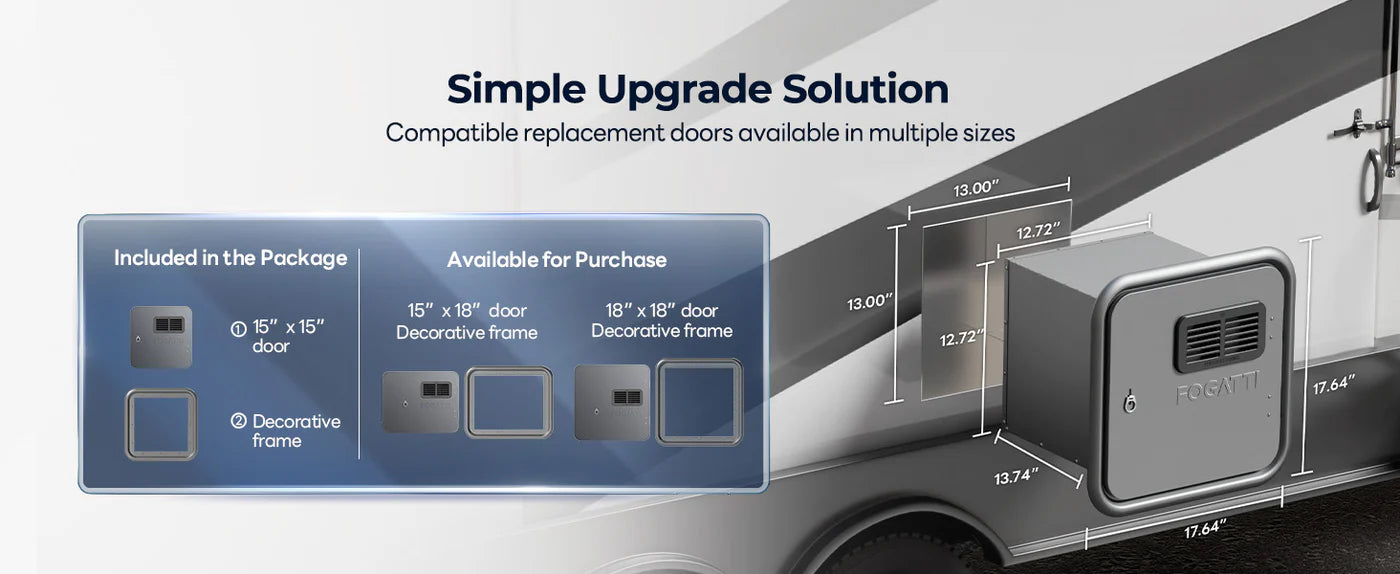 Fogatti InstaShower Ultra, 66,000 BTU, 0.5-3.6 GPM RV Tankless Water Heater with Gray Door & Mixing Tank（Supreme Series）