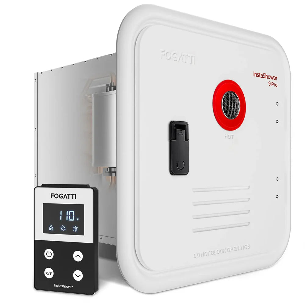 Fogatti InstaShower 9 Pro, 66,000 BTU RV Tankless Water Heater with Door & Mixing Tank - White