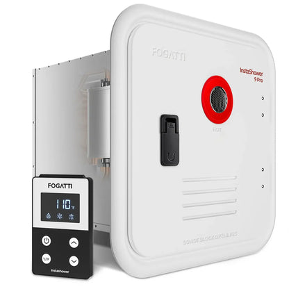 Fogatti InstaShower 9 Pro, 66,000 BTU RV Tankless Water Heater with Door & Mixing Tank - White