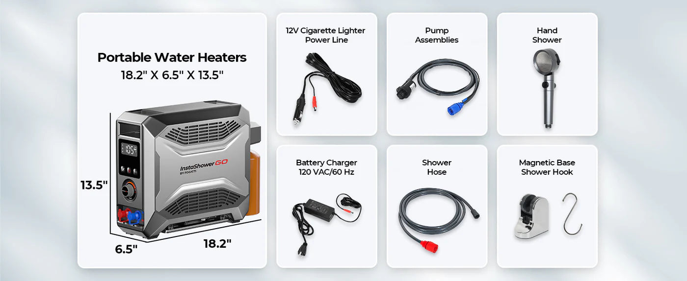 Fogatti InstaShower GO Outdoor Portable Water Heater with Water Pump, 19000BTU