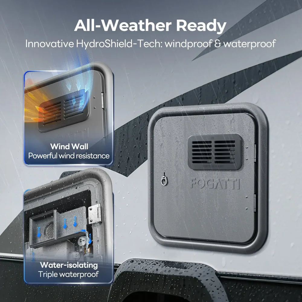 Fogatti InstaShower Ultra, 66,000 BTU, 0.5-3.6 GPM RV Tankless Water Heater with Gray Door & Mixing Tank（Supreme Series）