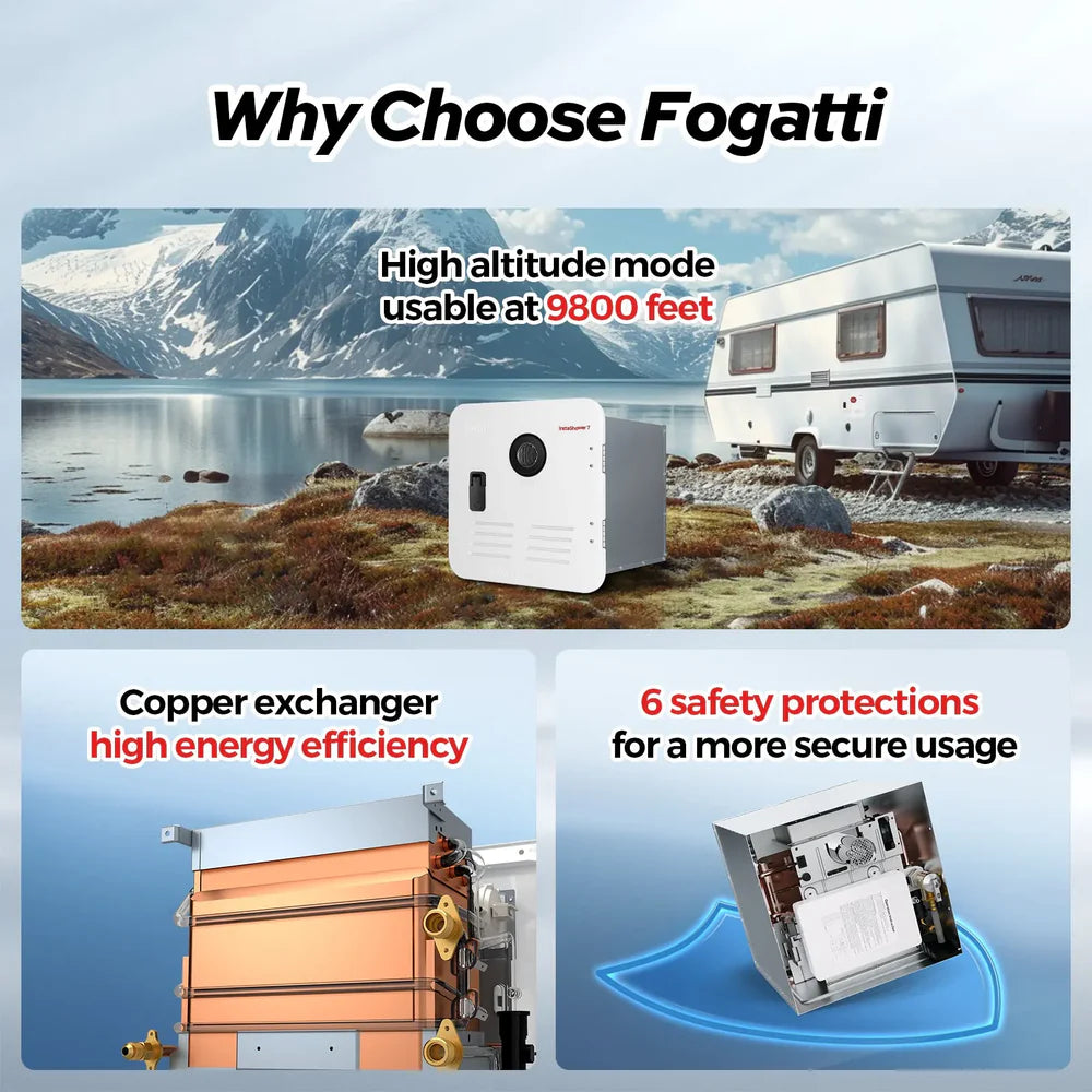 Fogatti RV Tankless Water Heater InstaShower 7, 48,000 BTU Heating, Energy Saving Model
