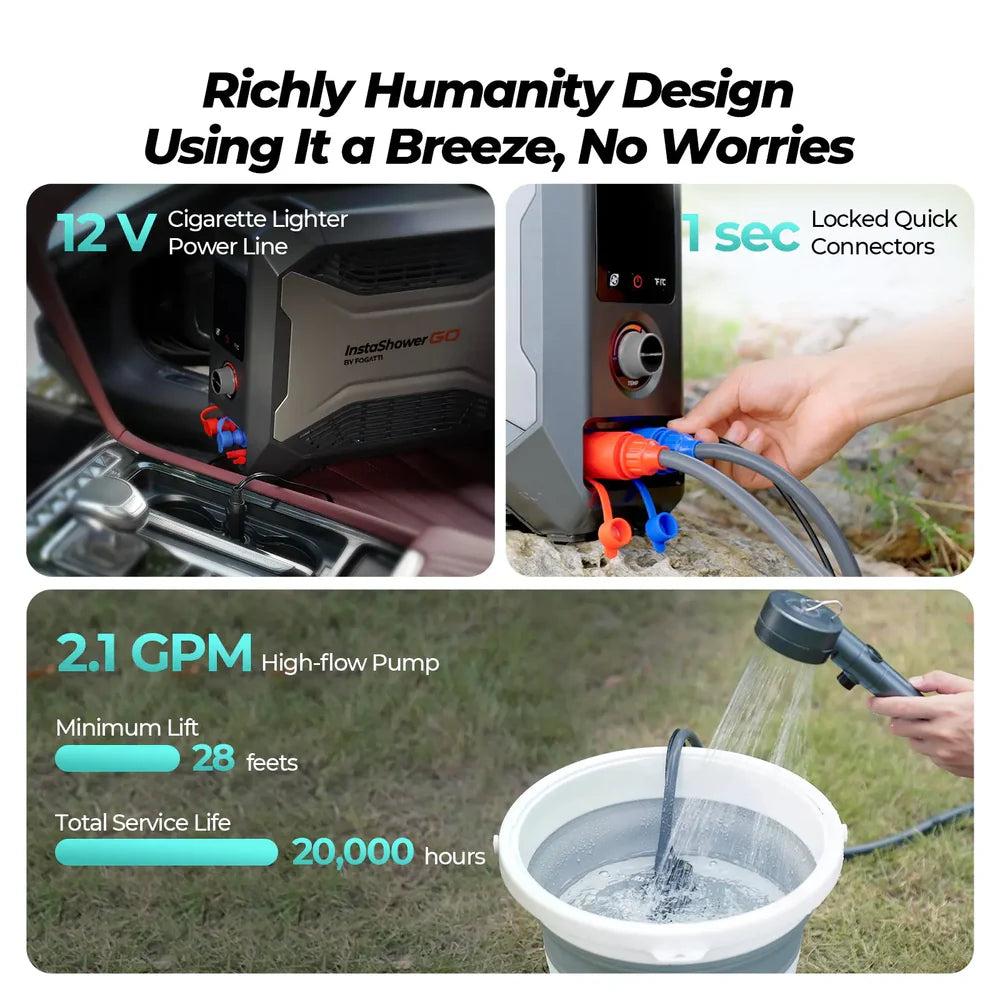 Fogatti InstaShower GO Outdoor Portable Water Heater with Water Pump, 19000BTU