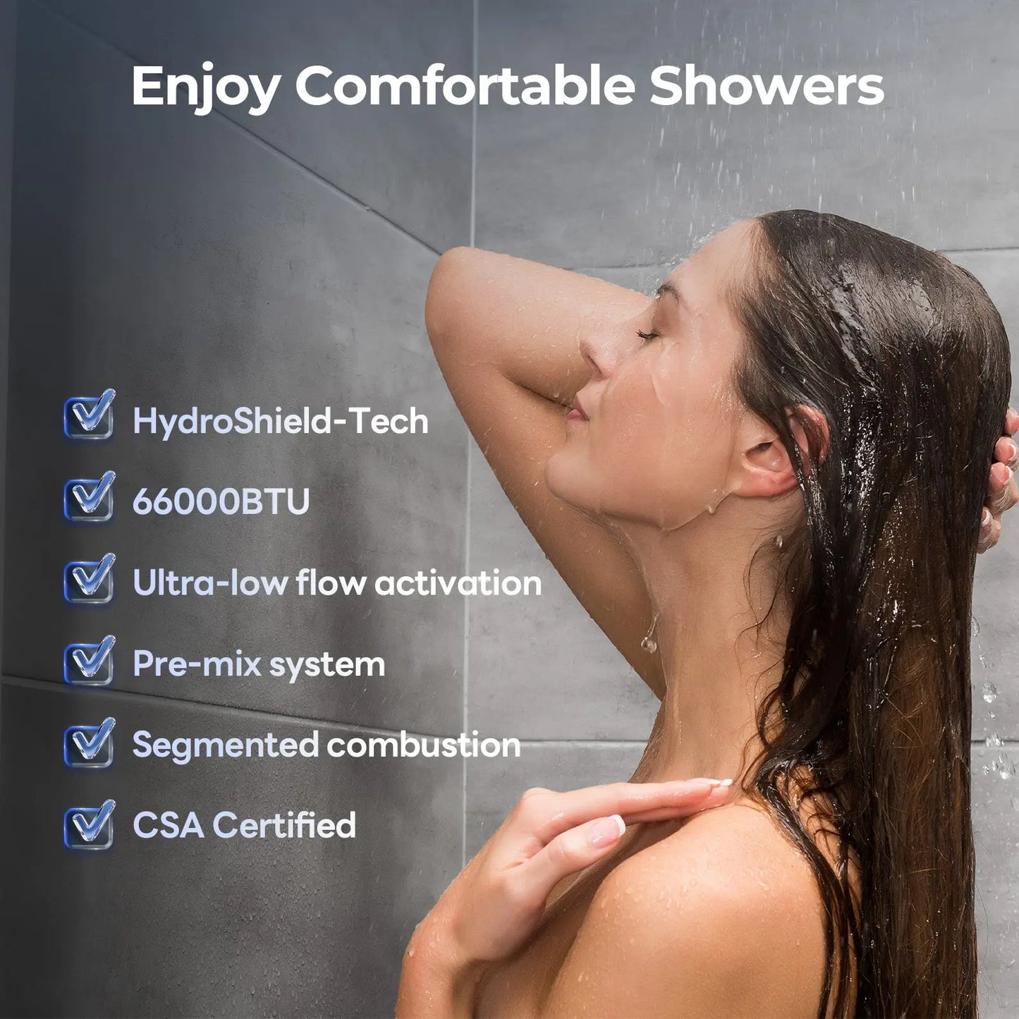 Fogatti InstaShower Ultra, 66,000 BTU, 0.5-3.6 GPM RV Tankless Water Heater with Gray Door & Mixing Tank（Supreme Series）