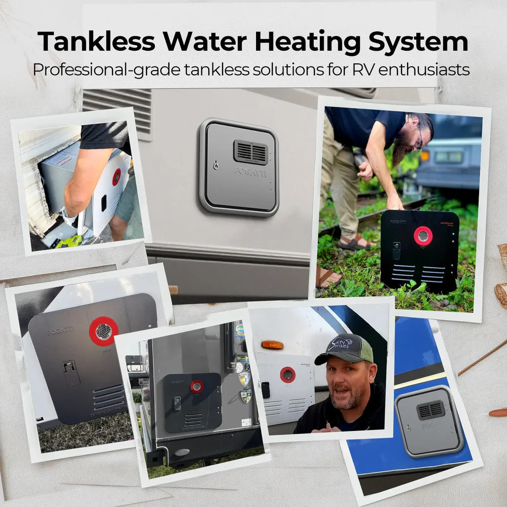 Fogatti InstaShower Ultra, 66,000 BTU, 0.5-3.6 GPM RV Tankless Water Heater with Gray Door & Mixing Tank（Supreme Series）