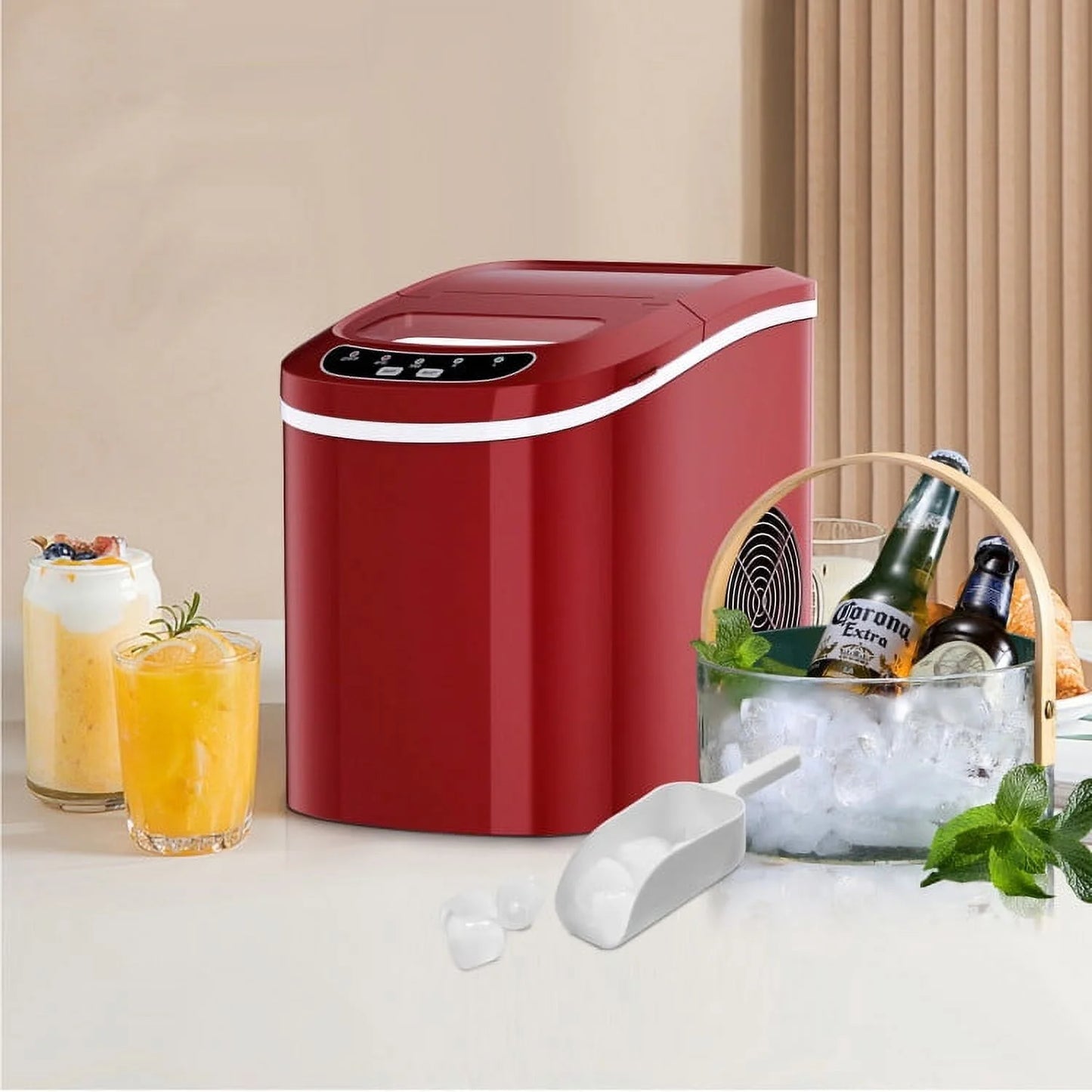 Compact Portable Ice Maker in Red – Produces 26 lbs Daily