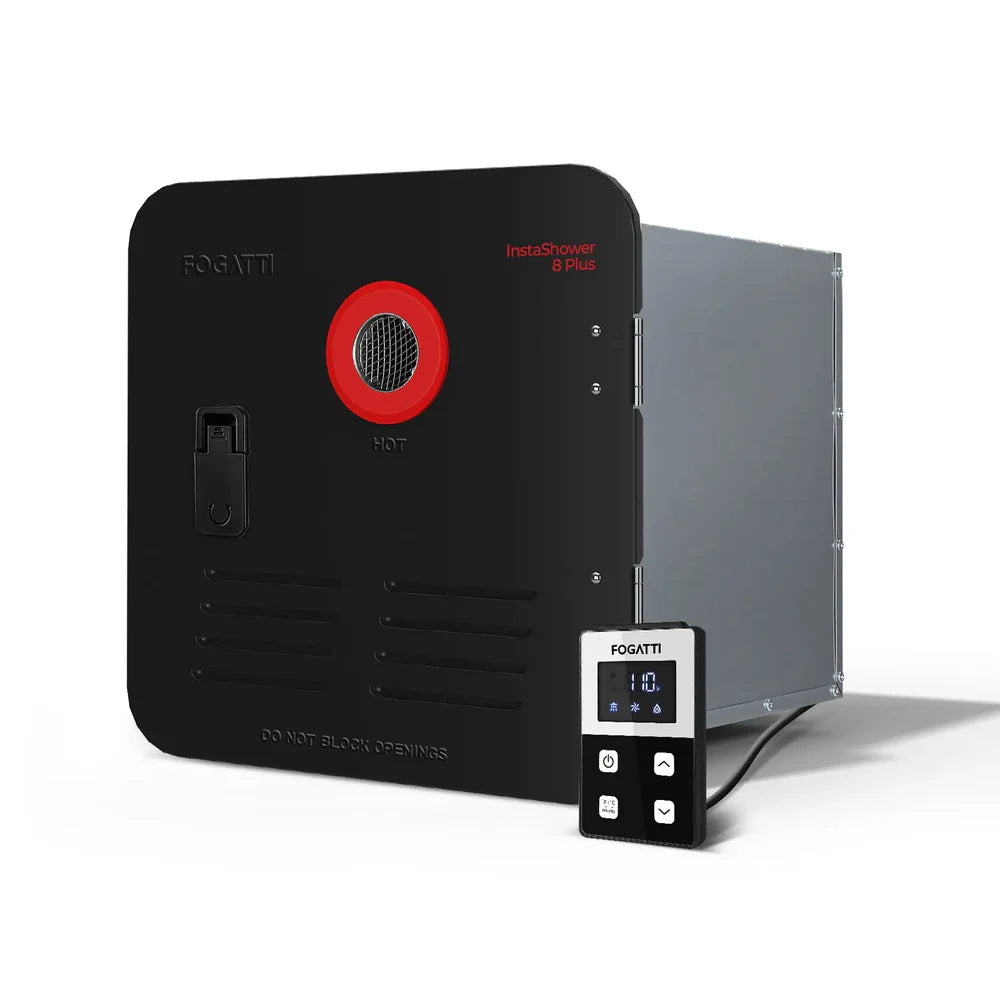 Fogatti InstaShower 8 Plus, 55,000 BTU RV Tankless Water Heater with Door - Black