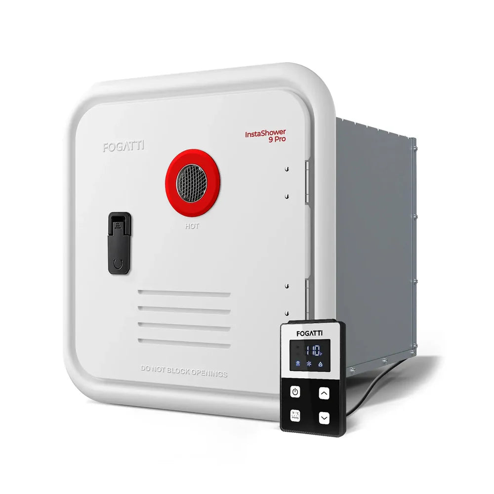 Fogatti InstaShower 9 Pro, 66,000 BTU RV Tankless Water Heater with Door & Mixing Tank - Black