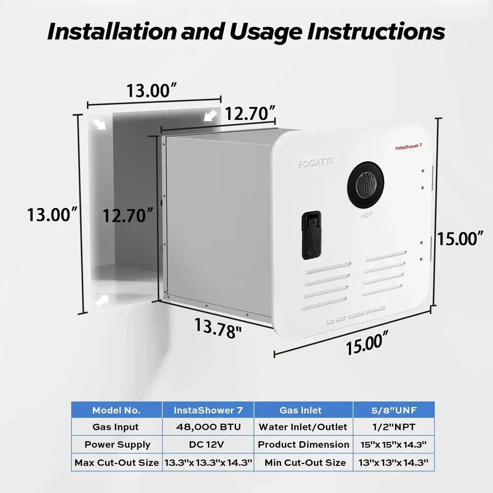 Fogatti InstaShower 7, 48,000 BTU RV Tankless Water Heater with Door - Black 