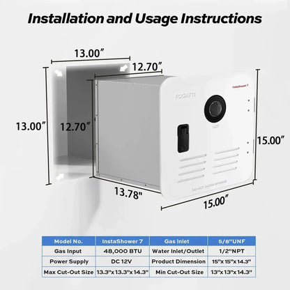 Fogatti InstaShower 7, 48,000 BTU RV Tankless Water Heater with Door - Black 