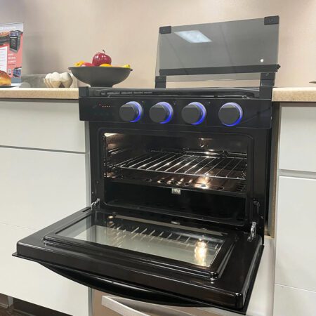 Greystone® by Furrion  17" Digital RV Gas Range with Oven – Black, 12V, 3 Burner (CF-RV17BB-D)