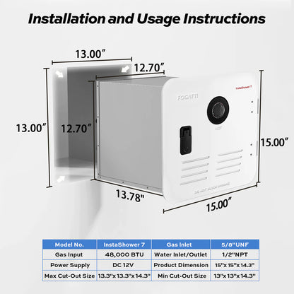Fogatti InstaShower 7, 48,000 BTU RV Tankless Water Heater with Door - White